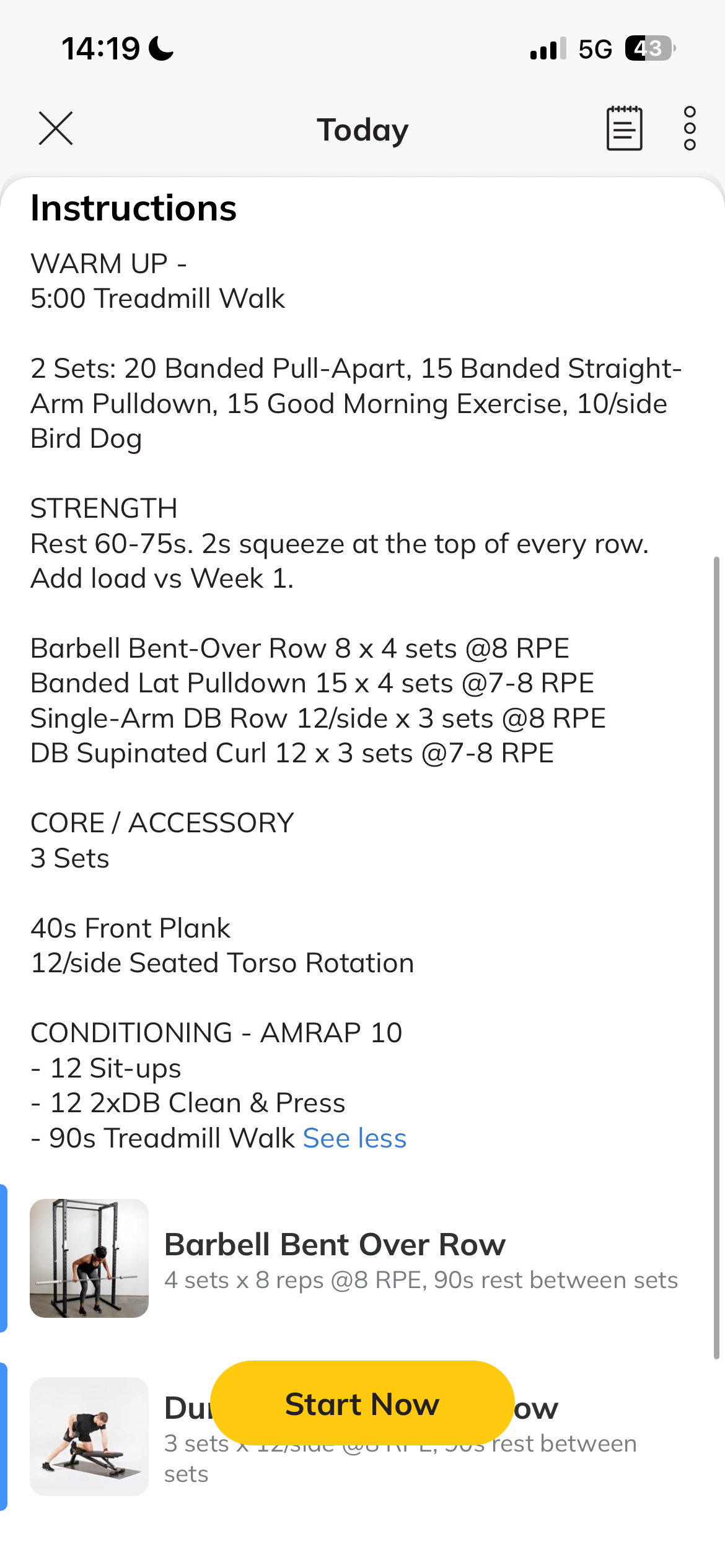 Actual Trainerize workout with instructions and exercise demonstration thumbnails.