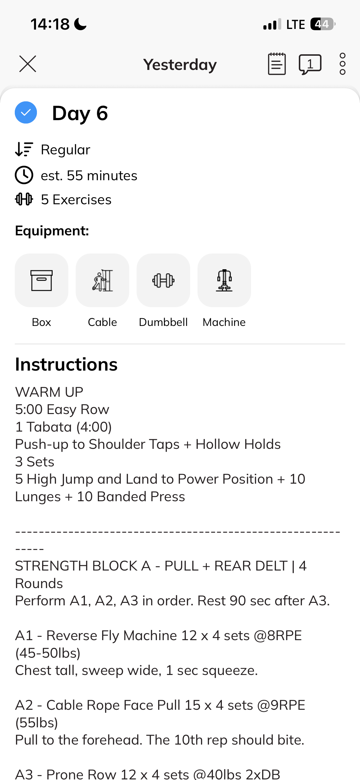 Actual Restart workout with equipment, warm-up instructions, sets and coaching cues.