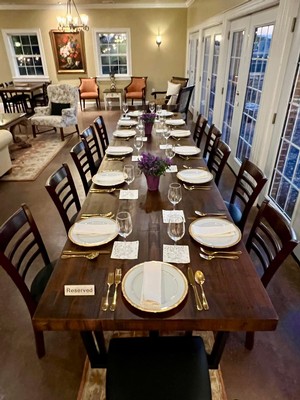 Long table set for dinner party at Briédé Family Vineyard