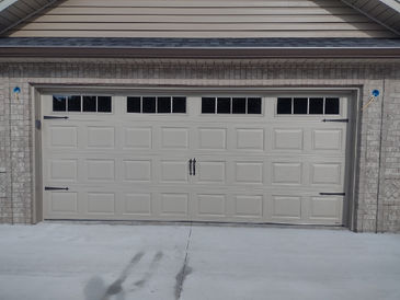 Dester Tan Traditional garage door panel with stockbridge glass and decorative hardware