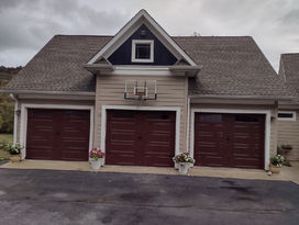 Cottage garage door panel in rosewood with stockbridge glass and decorative hardware
