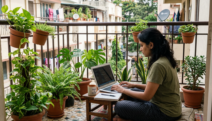 Wide-angle view of a software developer using a laptop on a shaded apartment balcony.