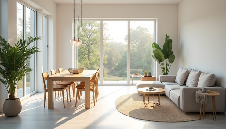 High angle view of a bright dining area with large windows and minimalist decor