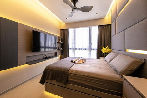 Designer master bedroom with statement decor and ambient lighting