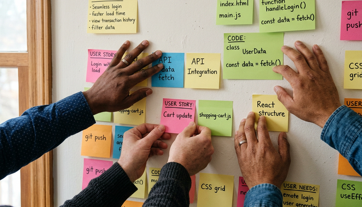 Close-up of hands arranging colourful sticky notes with code concepts on a wall at home.