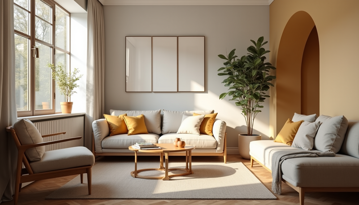 Eye-level view of a cozy living room with natural light and modern furniture
