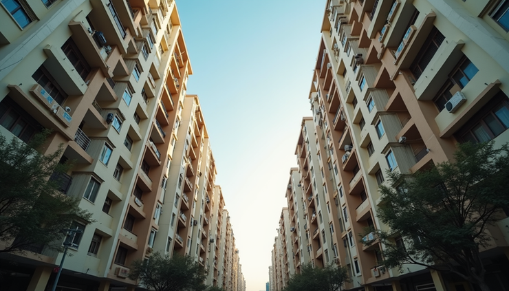 Eye-level view of a modern Pune apartment complex showing multiple flats with different directions