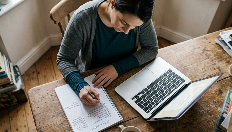 Overhead view of a candidate updating a skills checklist beside a laptop and notebook on a dining table.