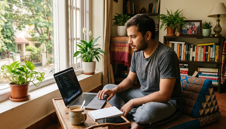 Eye-level view of a programmer reviewing code on a laptop beside a window at home.