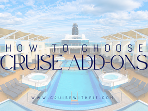Empty pool deck aboard Celebrity Reflection featuring a central swimming pool, hot tubs, lounge chairs, and cabanas overlooking the ocean beneath a bright blue sky. The image is used as the cover for an article about how to choose cruise add-ons and customize a cruise vacation.