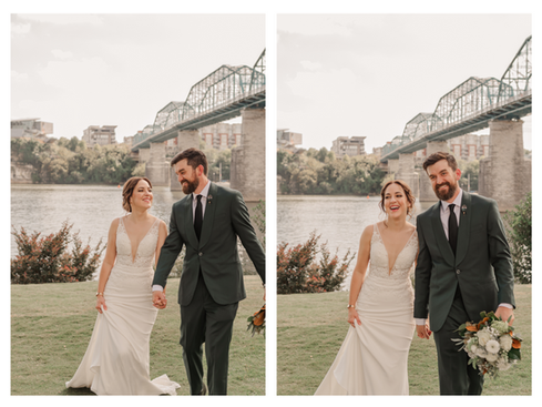 Bride and groom walking hand-in-hand in downtown Chattanooga, with the iconic Walnut Street Bridge in the background. The couple shares a quiet moment, with the bride’s lace gown flowing behind her and the groom smiling beside her. This image captures the essence of their love and the charm of the city.
