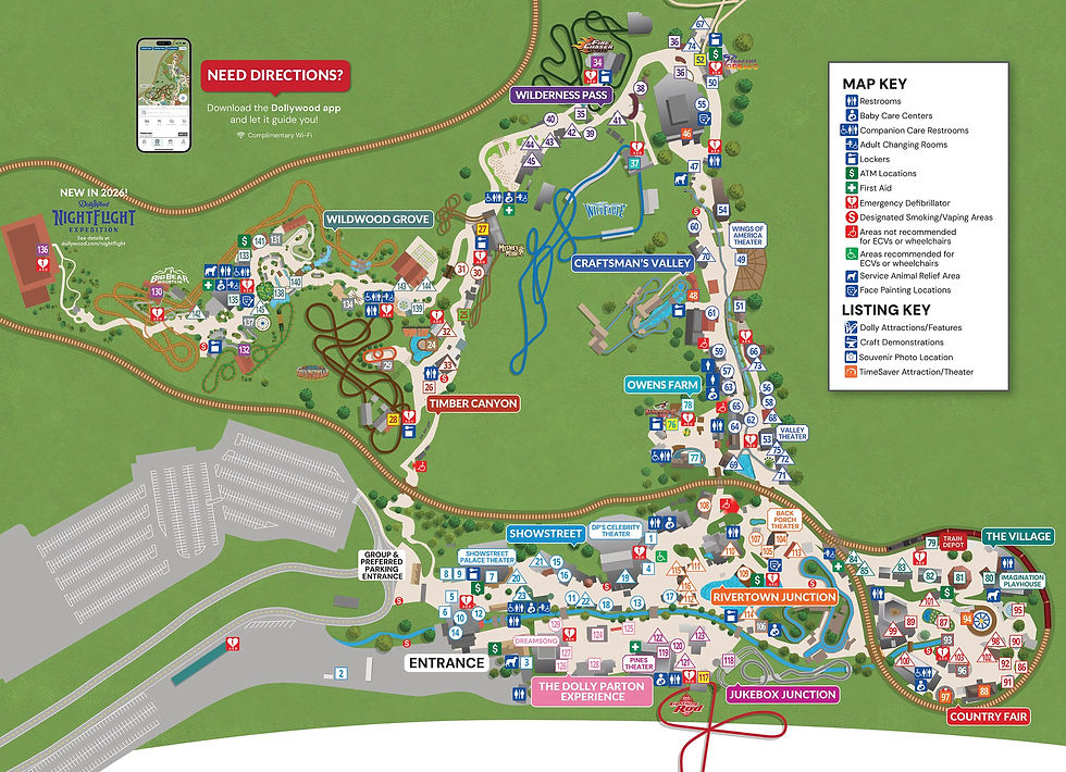 Dollywood theme park map showing the park’s different areas, including Wildwood Grove, Craftsman’s Valley, Country Fair, Showstreet, and Wilderness Pass in Pigeon Forge, Tennessee.