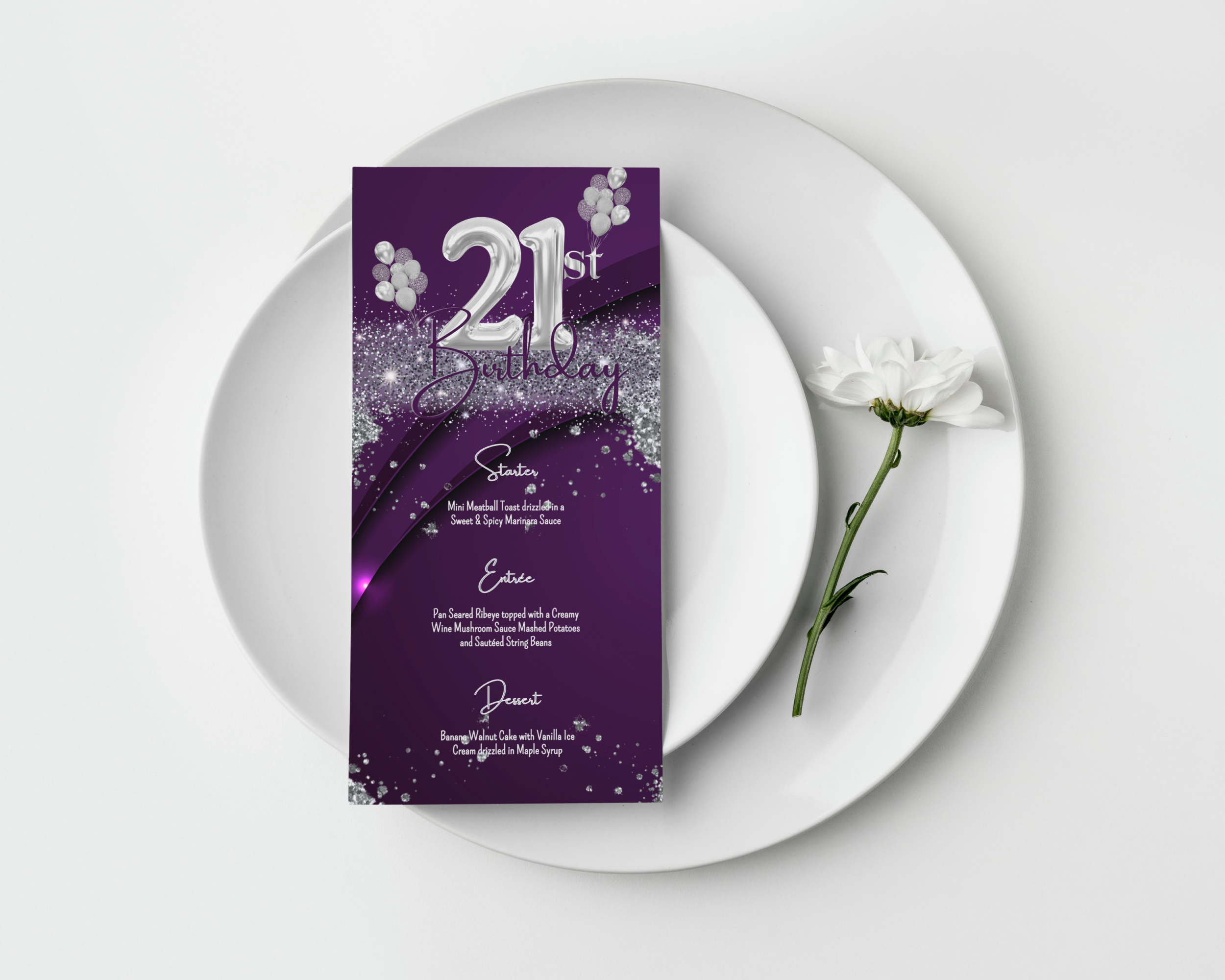 Dark Purple Silver & White 21st Birthday Menu Card, Celebration Design