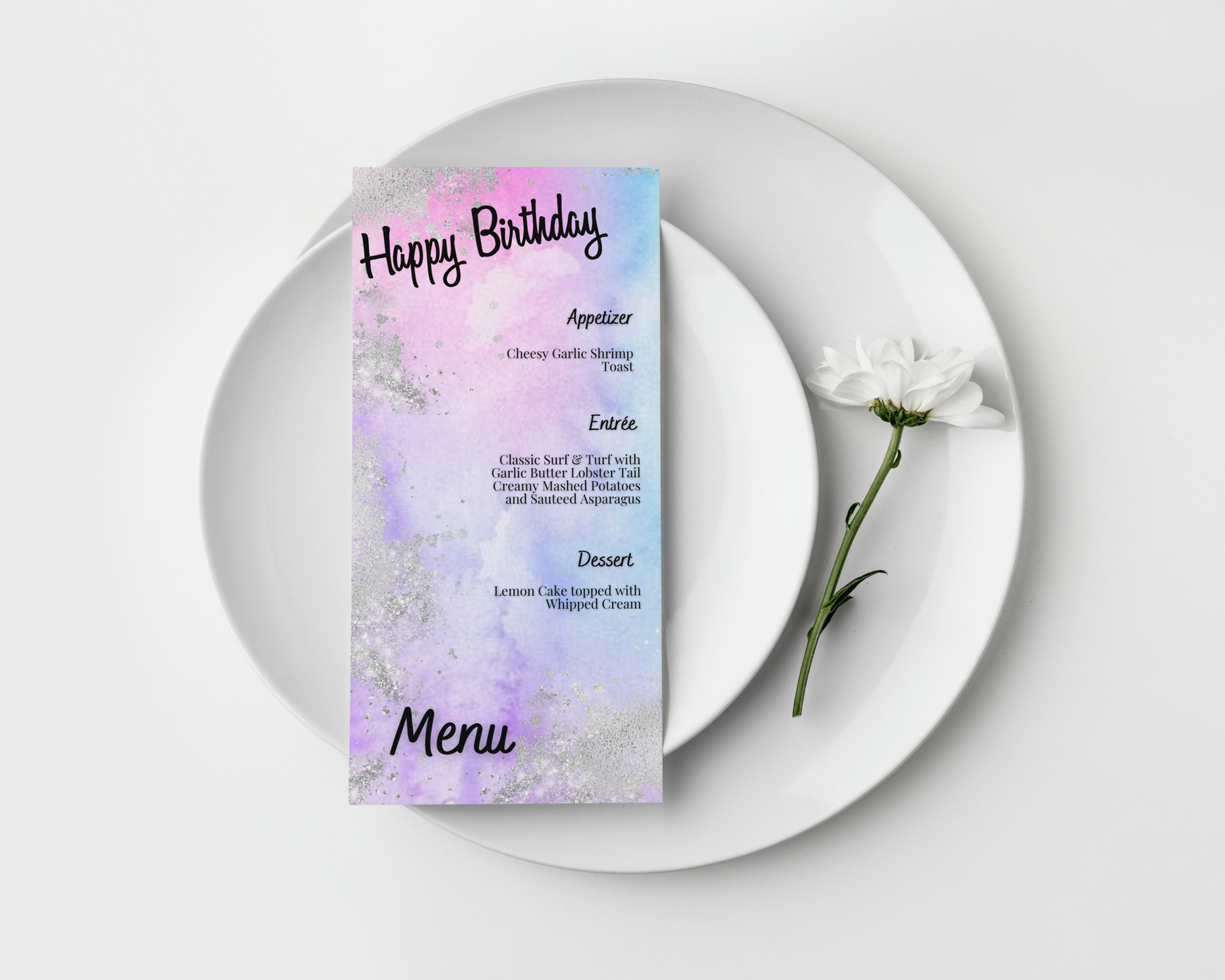 Baby Blue Pink Purple & Silver Birthday Menu, Celebration Template