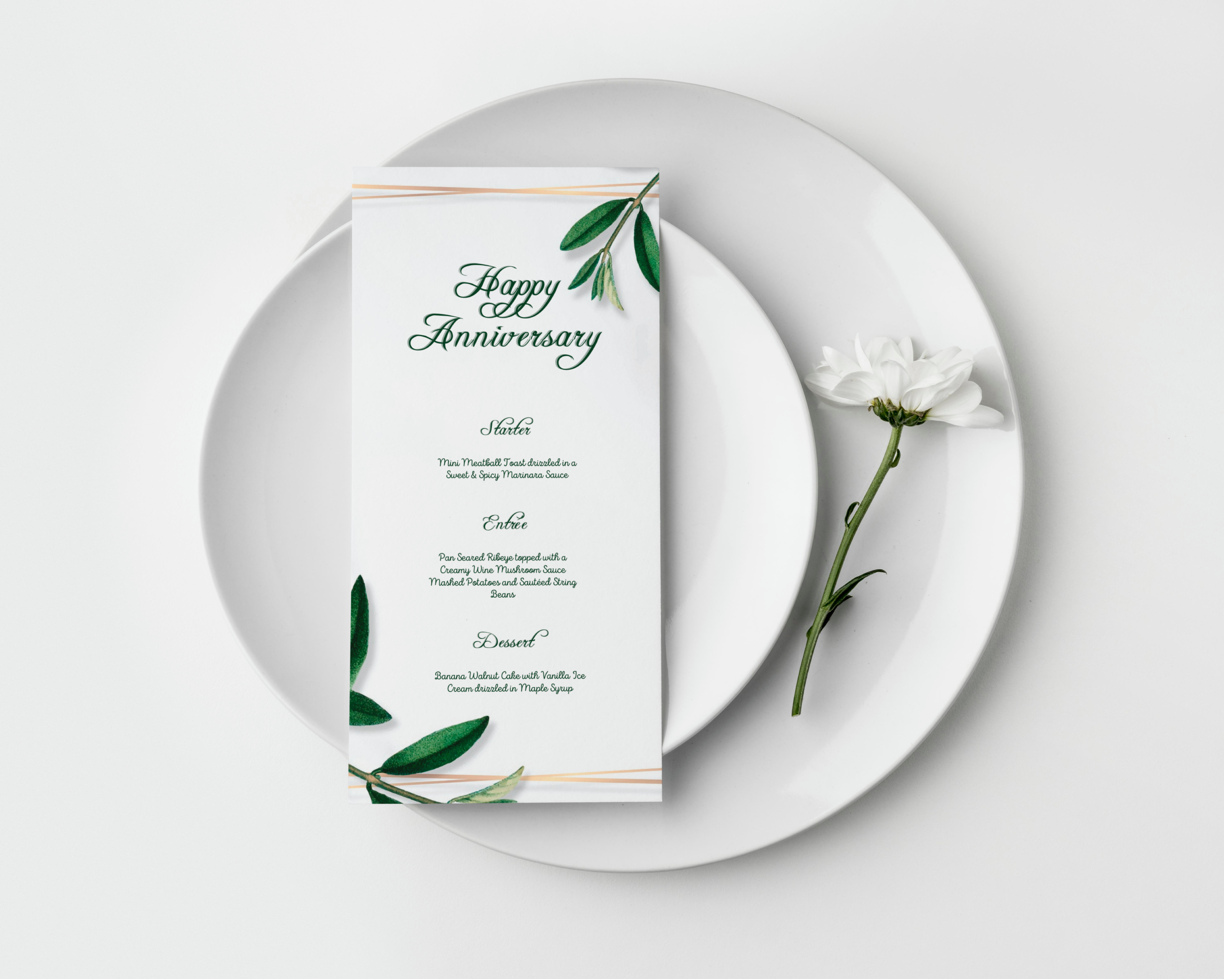 White & Rosegold with Greenery Anniversary Menu, Modern Template