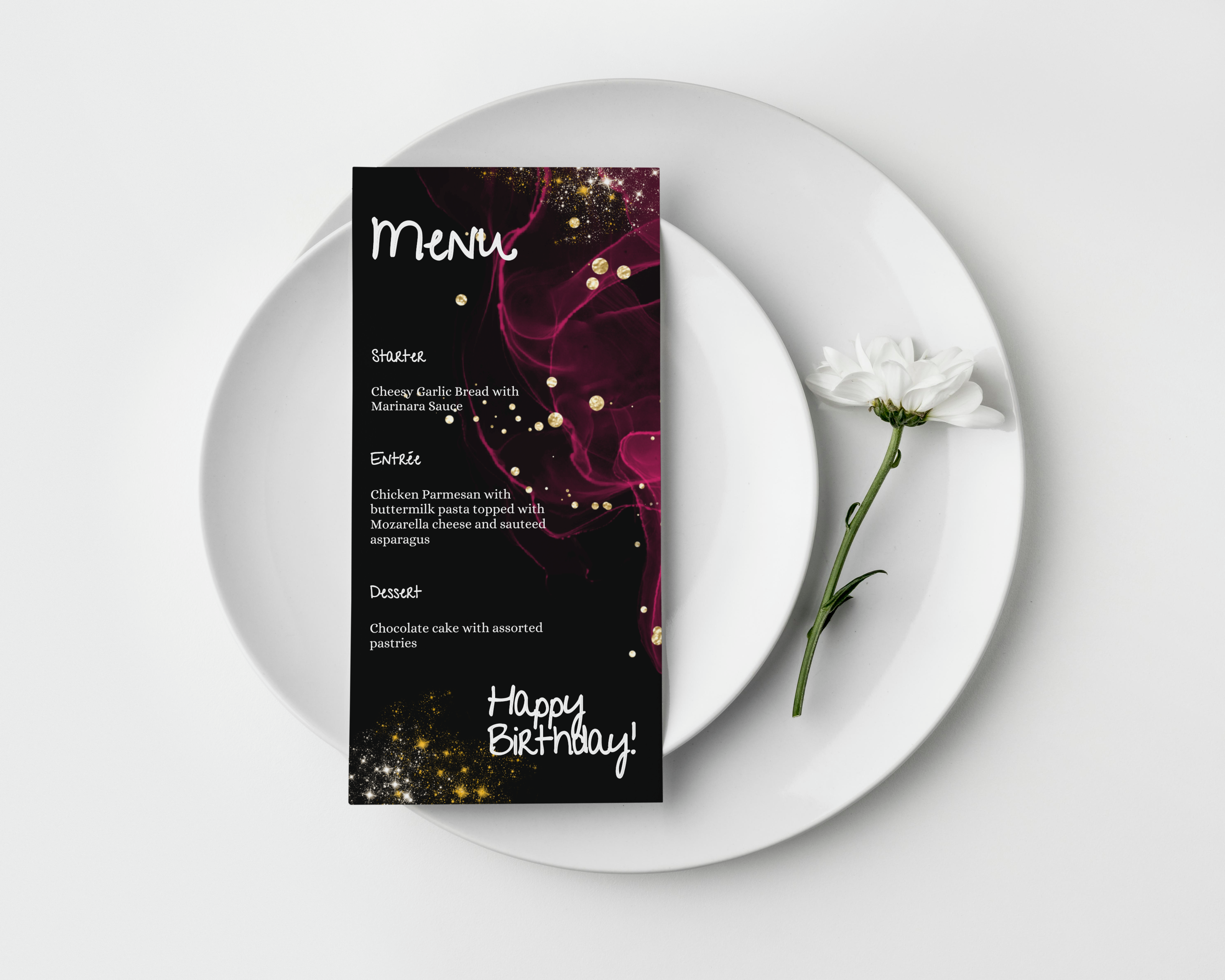 Black Pink White & Gold Birthday Menu, Celebration Template