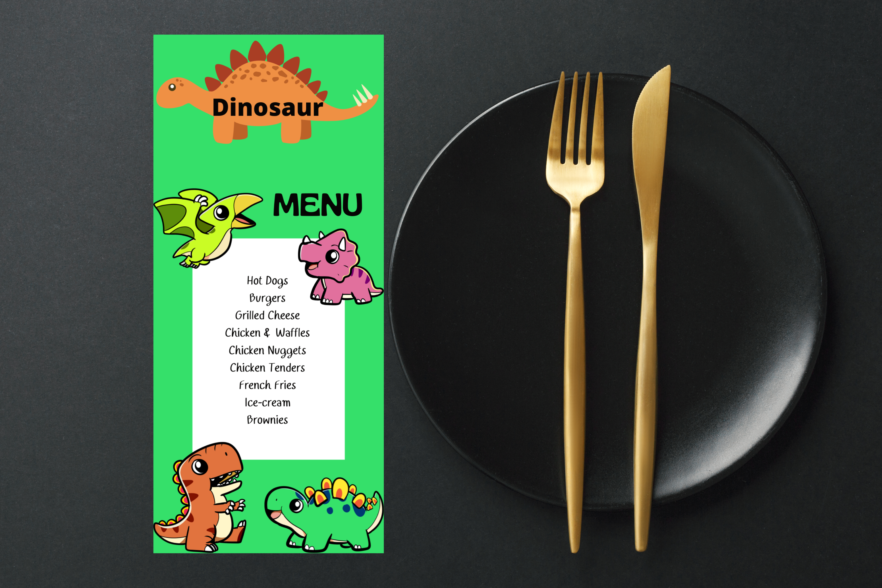Dinosaur Kids Menu, Modern Menu, Celebration Menu Card
