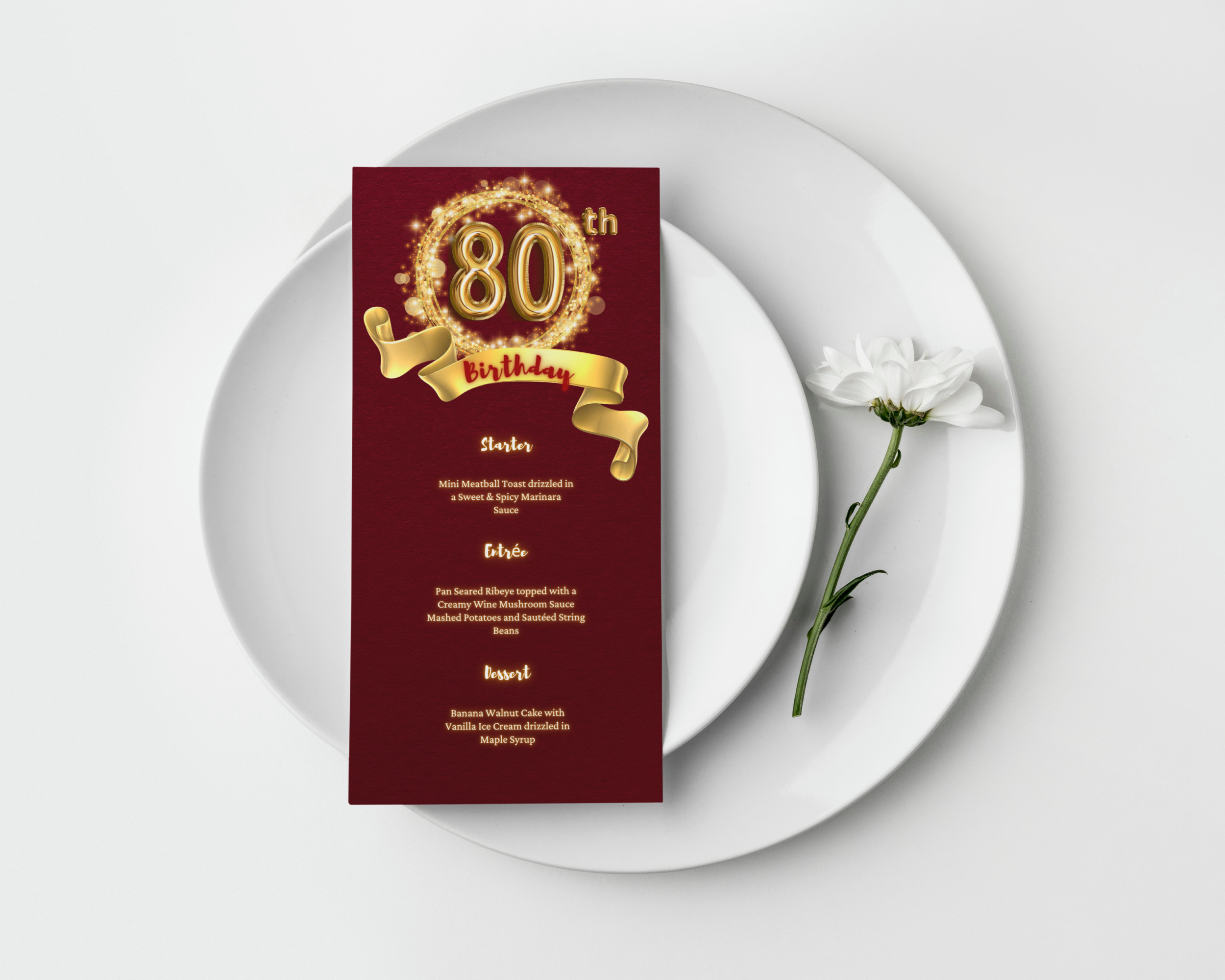 Burgundy Red & Gold 80th Birthday Menu, Celebration Design