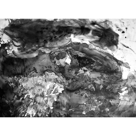 Bamboo Forest (Side 2),
24x34in
ink gesso and charcoal on watercolor paper
2019
Bamboo Forest, Slide 2 is the reverse side of my plein air drawing of a bamboo forest. The ink bled directly into the paper, creating an abstracted, mirrored reflection on the reverse side.