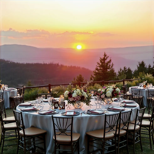The most beautiful event at a mountain venue with a golden perfect sunset and great table