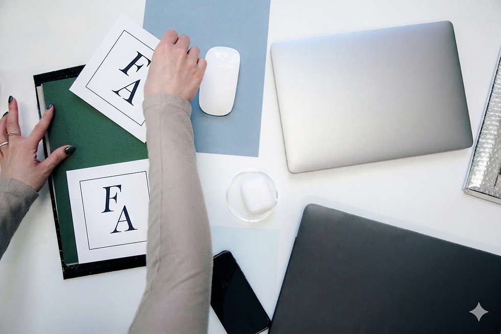 FH Assembly brand cards and laptop on a desk during a brand strategy session in Austin