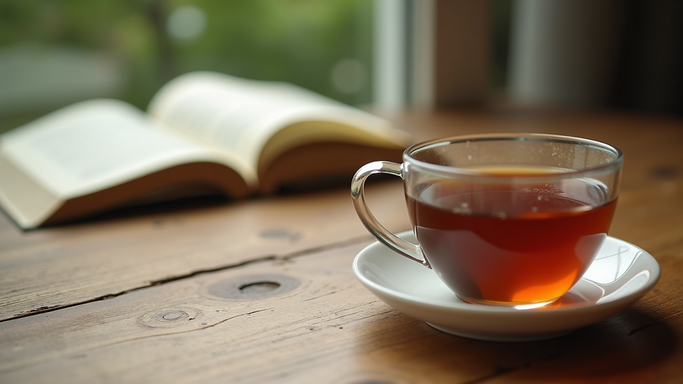 Close-up view of a cup of herbal tea and a book on a wooden table