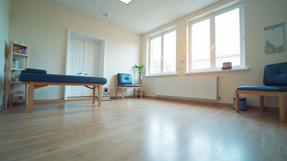 Eye-level view of a physiotherapy clinic treatment room with exercise equipment