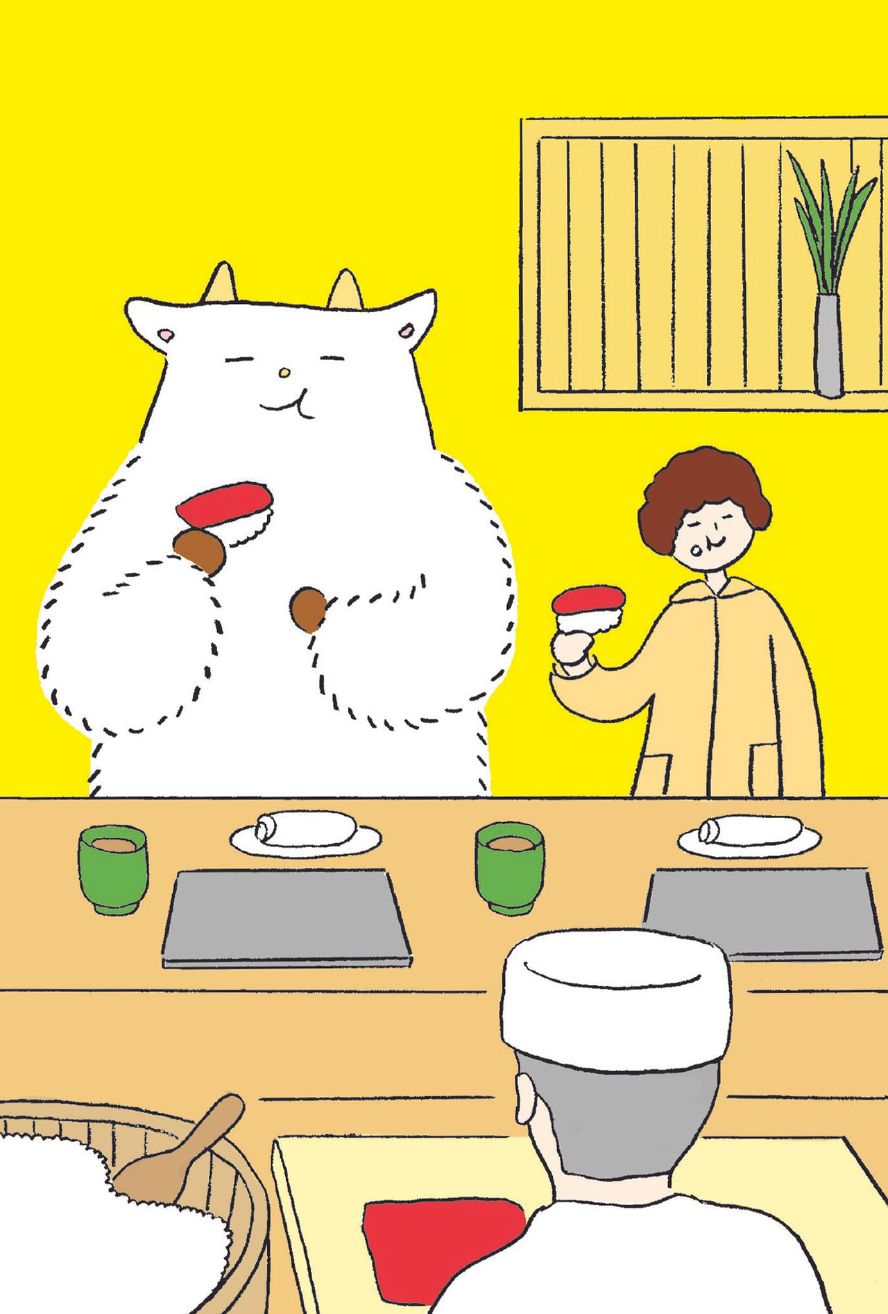 黄色い店内で、ゴートくんと女性が寿司を手にし、卓上に緑の湯のみと皿が並ぶ