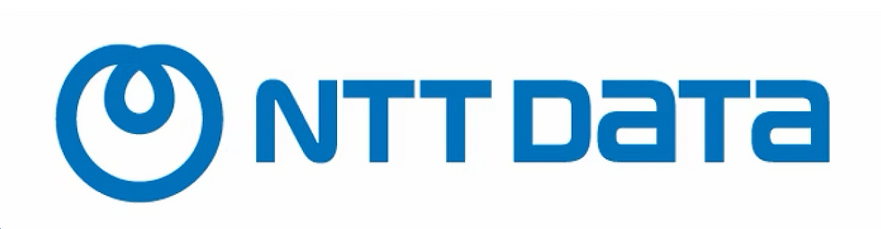 青色のNTT DATAのロゴ。白背景に円形のシンボルとテキストが配置され、シンプルでプロフェッショナルな印象。