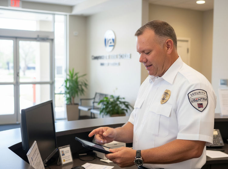 USENTRA local security officer on patrol at a New England commercial property, representing the consistency and hands on accountability that local security companies deliver over national providers.