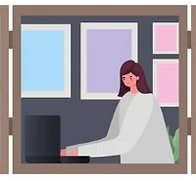 una mujer asoma por una ventana y muestra una casa gris y marrón, poco luminosa, apagada y triste