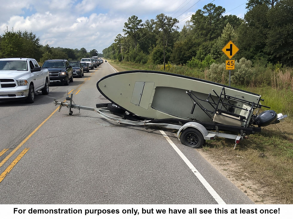 Boat trailer jackknifed across a rural road, blocking traffic near a 45 mph sign; cars line up under a cloudy sky.