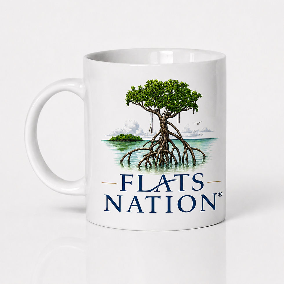 White mug with mangrove illustration over water and the text FLATS NATION on a plain white background.