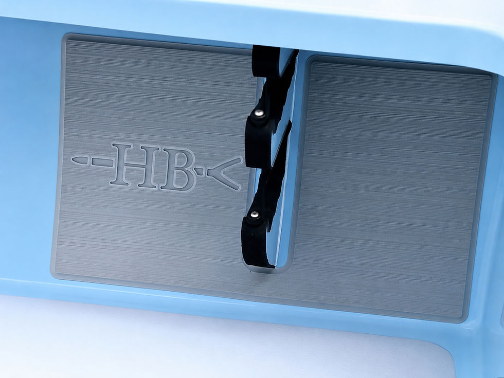 Close-up of a blue reel pad with a gray textured plate and black clamp, embossed HB logo on the left.