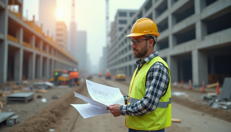 Eye-level view of a construction superintendent reviewing project plans on site