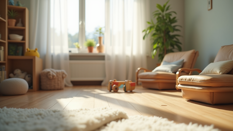 Eye-level view of a cozy therapy room with child-friendly toys and books