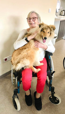 La chienne nommée Thaïs en intervention en EHPAD, installée dans les bras d'une résidente.