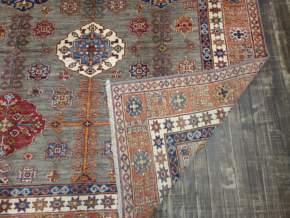 Thumbnail: Hand-Knotted Kazakh Rug | Grey Field & Jewel Medallions