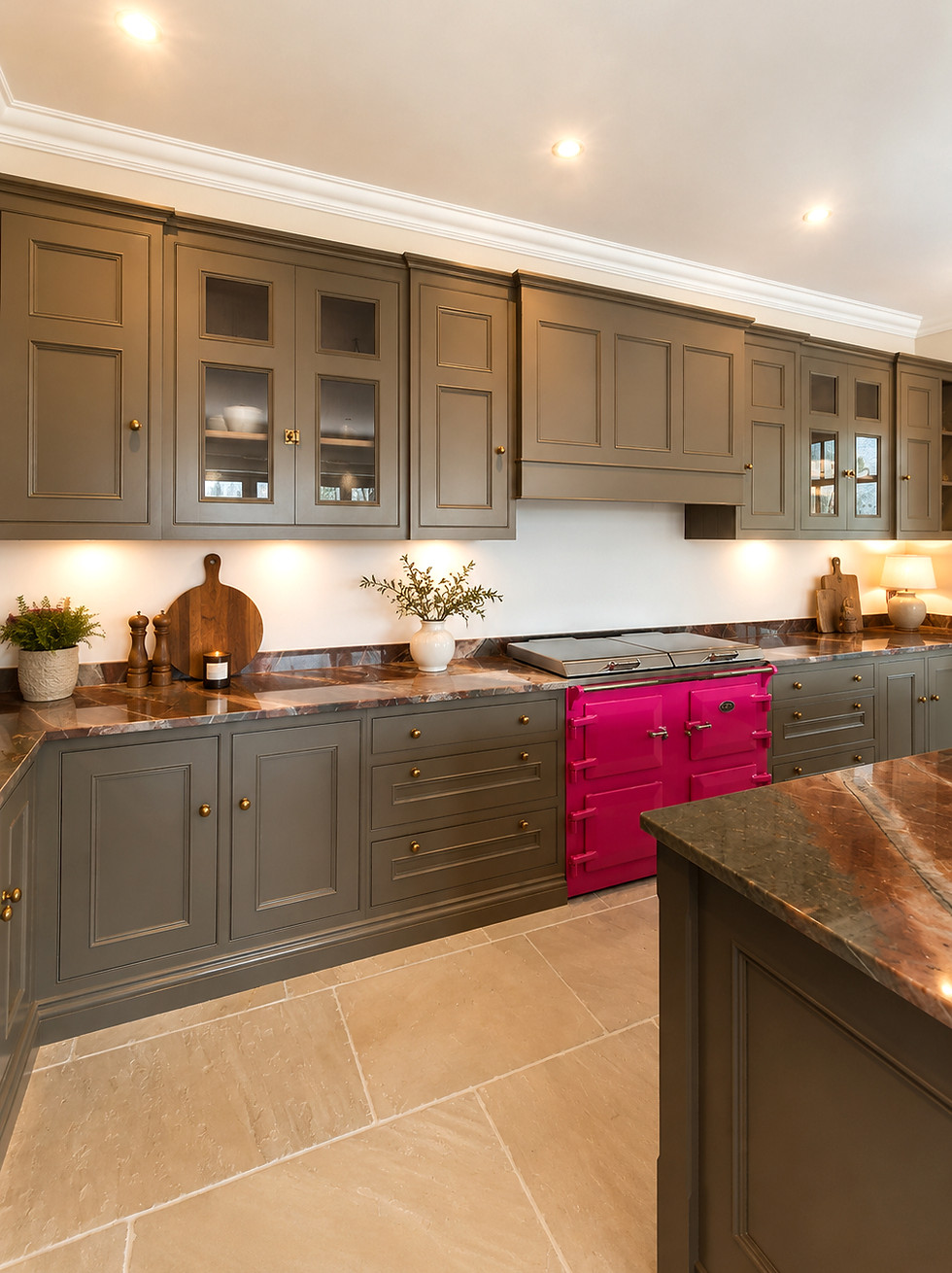 Bespoke kitchen cabinetry hand painted in farrow and ball's Mouse's Back with pink Everhot range cooker.