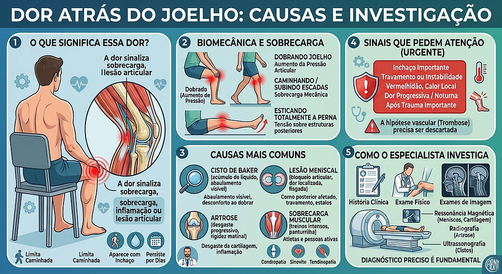 Infográfico sobre dor atrás do joelho: causas, sinais de alerta e exames, com ilustrações e textos explicativos.