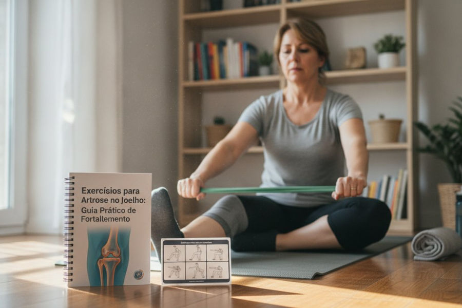 Pessoa de meia-idade realizando exercícios de fortalecimento do joelho com baixo impacto em um colchonete, orientada por fisioterapeuta em clínica de reabilitação bem iluminada em São Paulo