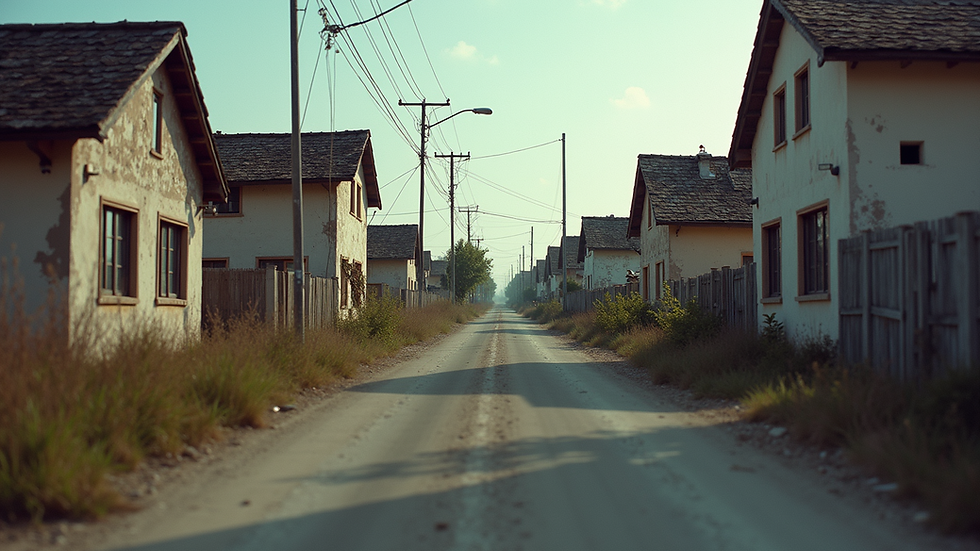 Eye-level view of a rundown neighborhood with crumbling houses