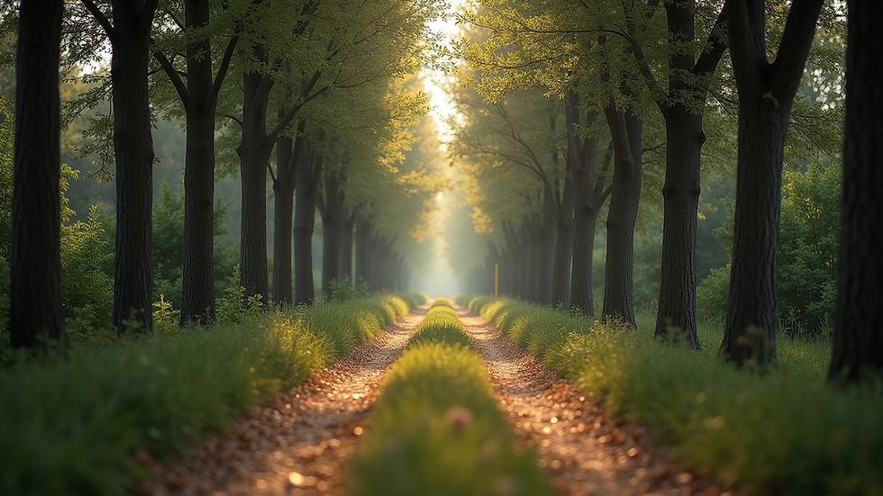 Wide angle view of a tranquil path surrounded by trees