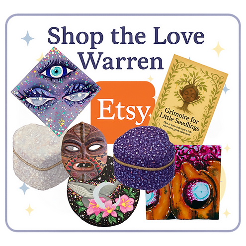Shop the Love Warren Etsy showcase — collage of products including hand-painted trinket boxes, Afrocentric art mask, illustrated grimoire cover, and celestial eye design, set against a white rounded square with golden sparkles and the Etsy logo.