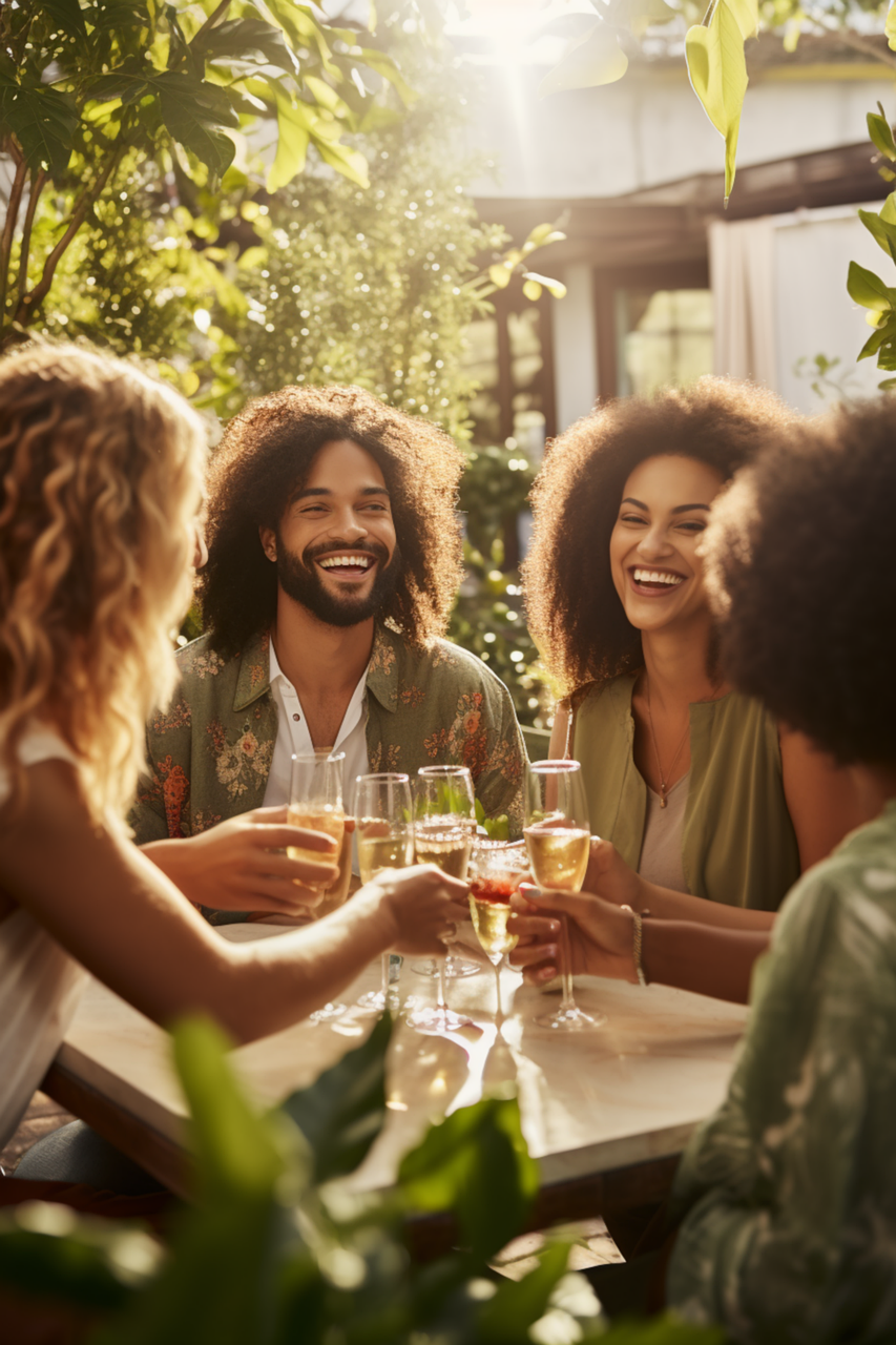 Vier Menschen, die gemeinsam an einem Tisch im Freien etwas trinken.