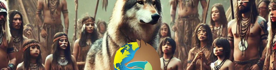 Wolf with shaman tribal people around it and unearth one earth logo in center