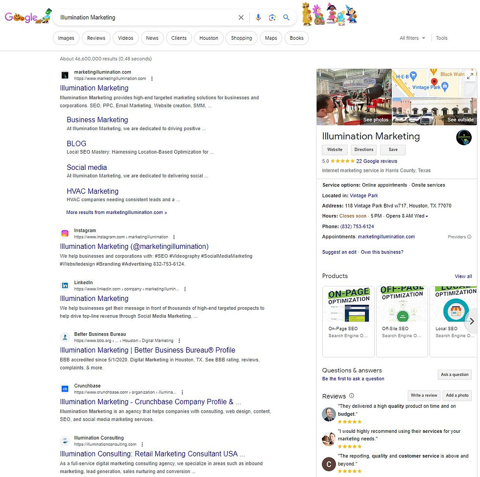 A screen shot of the Search Engine Results Page for Illumination Marketing