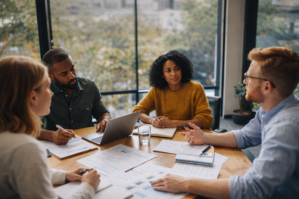 Nonprofit leadership team collaborating around a table reviewing strategy documents and planning funding initiatives.