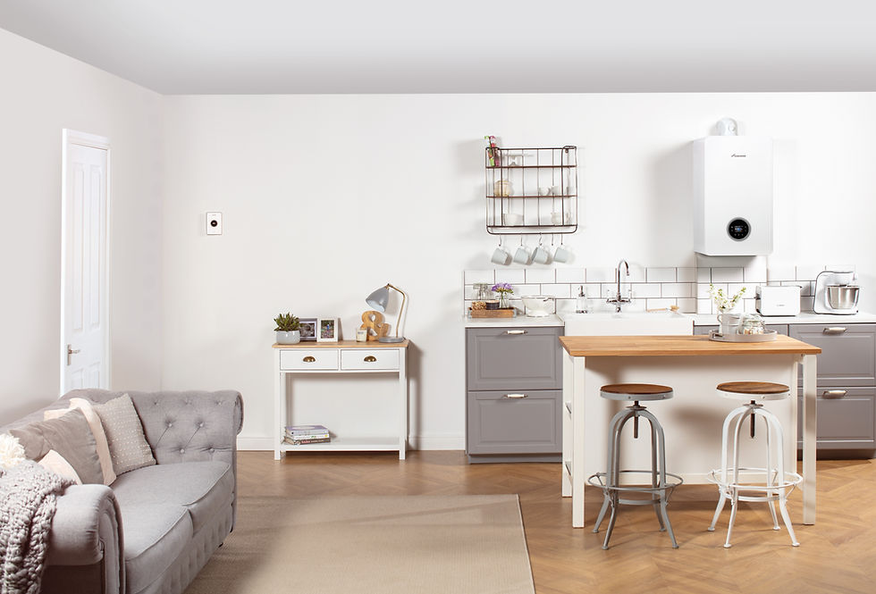 Modern kitchen and living area with a white boiler.