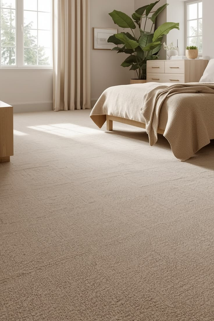 Neutral Organic Modern Bedroom with Cream Carpet, Wood Furniture and Indoor Plant.jpeg